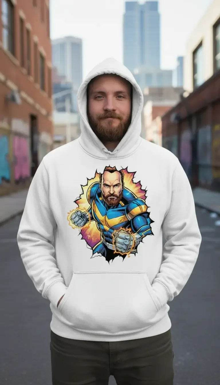 A man wearing a white Hero Merch hoodie with a comic-book AI superhero design
